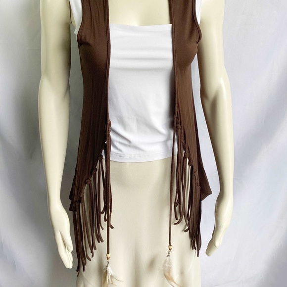American 2007 Brown Boho Vest with Tassels and Feather - Picture 2 of 2